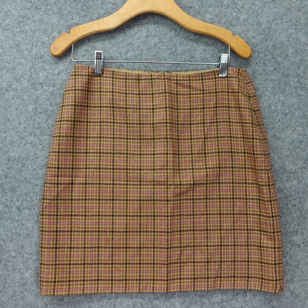 90s Vintage Ann Taylor Wool Plaid Skirt 8 Petite Houndstooth Brown Pink Fall
